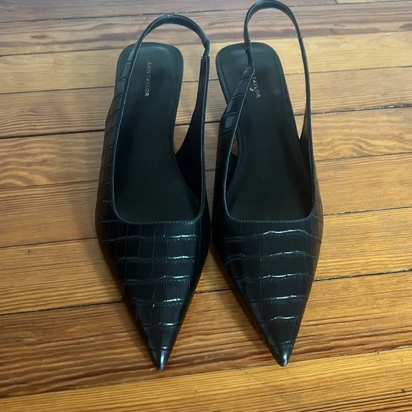 Ann Taylor Elegant Black Croc Embossed Leather Pointy Toe Slingback Heels - 9 - Picture 4 of 10